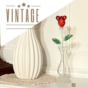 Glass Rose with Red Petals in Clear Vase